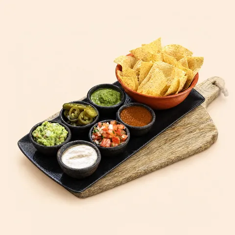 Corn chips with six salsas