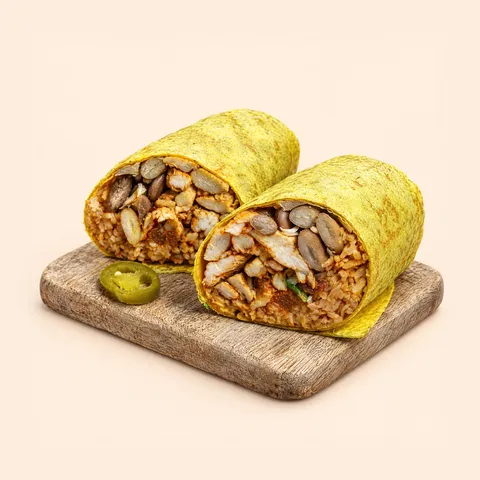 Chicken burrito cut in half