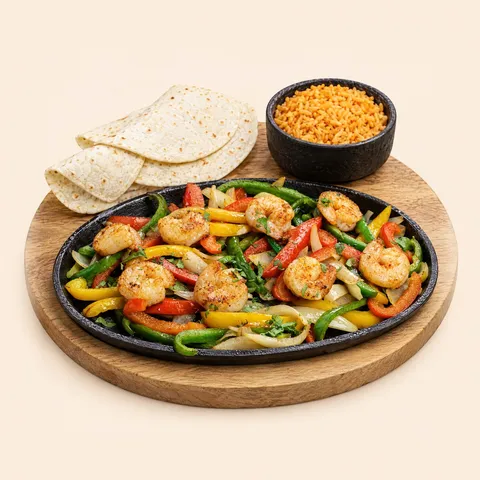 Shrimp fajita on a hot skillet with tortillas and rice