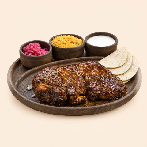Cochinita pibil with pickled onion, rice, sour cream and tortillas