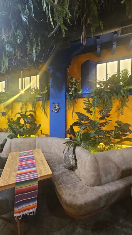 Yellow wall with plants and a sofa